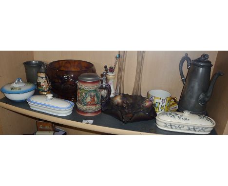 Carnival glass dish, Art Deco brown glass flower bowl, two Victorian lidded toothbrush pots and other china and glass