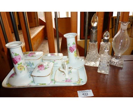 Art Nouveau china dressing table set, cut glass and silver collared scent bottles, etc.