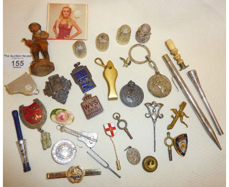Interesting items, inc. vintage enamel badges, miniature J. Wallis tuning fork, thimbles, etc.