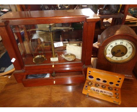 Chemist's scales in mahogany case by Becker &amp; Sons of Rotterdam with weights, together with an oak cased mantle clock (A/