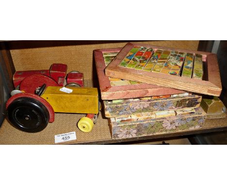 Vintage Chad Valley Toys wooden tractor with bakelite wheels, wooden truck with Dunlop 90 tinplate tyres, military ambulance 