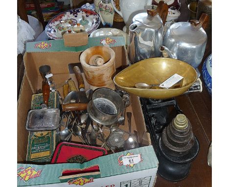 Kitchen scales with weights, another kitchen scales, two Picquot teapots and assorted cutlery, etc.