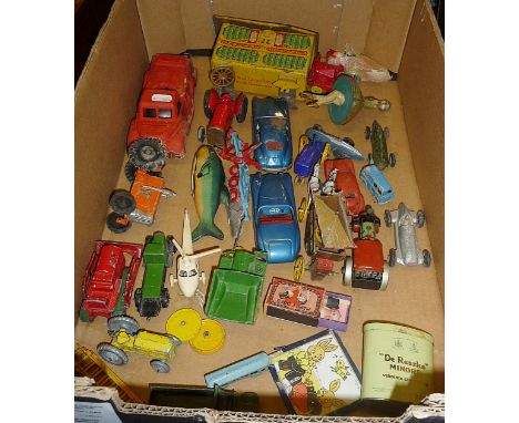 Assorted tin plate cars etc, Meccano Mercedes racer, a Timpo Toys racing car and other early diecast vehicles, etc.