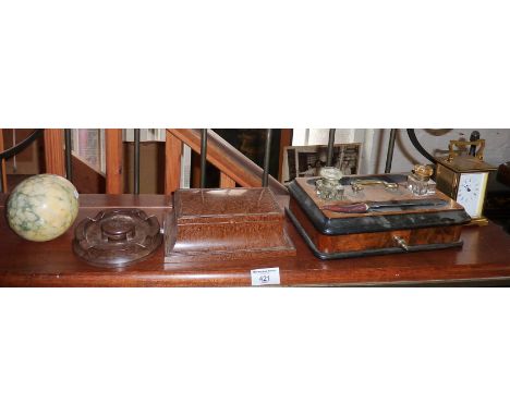 Victorian desk stand with pen tray, inkwells and drawer under, Art Deco marble ball paperweight, bakelite cigarette box, adve