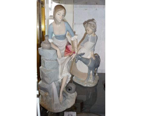 Nao porcelain figure of a woman at a spring and another of a girl with a goat