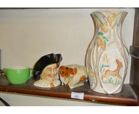 1930s Beswick ware vase, no.678, a Clarice Cliff sugar bowl, a Sylvac ware cavalier Toby jug and a Carltonware jug