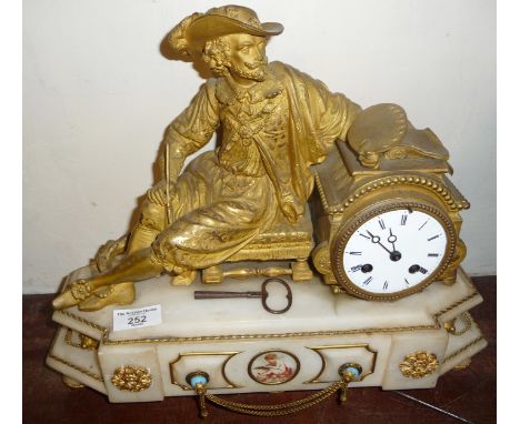 19th c. French marble and ormolu clock surmounted by a figure of a Carolean male artist