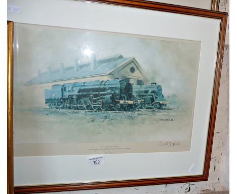 A signed David Shepherd print of the "Black Prince &amp; Green Knight on shed, Cranmore"