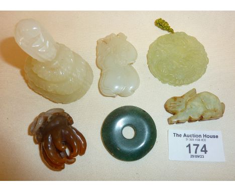 Jade carvings, inc. some Chinese, a dragonfly on Lingzhi fungus, and hanging plums pendant. Together with an onyx snake