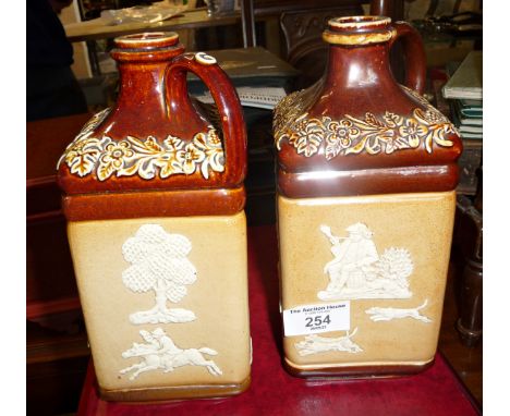 Two 19th c. Doulton stoneware square hunting spirit flasks, retailers impressed marks to base