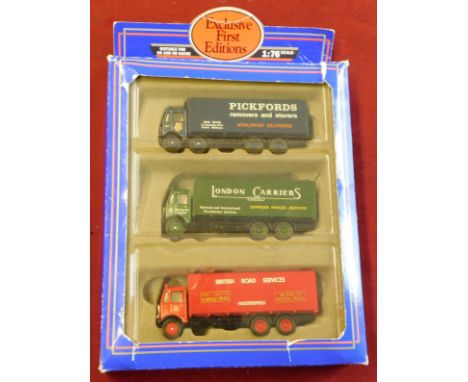 Gilbow First Editions. Lorries (x3). Scale 1:76. Pickford's. London Carriers. British Road Services. Very good boxed.