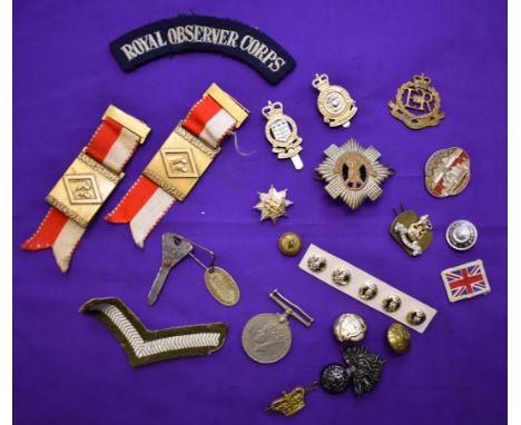 British and Foreign Collection of Badges, Buttons and Medals including: 1939-45 Medal, Royal Anglican Regt Beret Badge, Royal