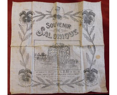 French “Souvenir De Salonique” printed panel (or handkerchief) showing the Zeppelins LZ85’s skeletal frame, beneath appears t