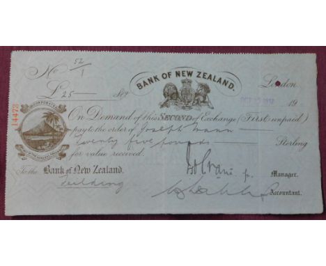 Bank of New Zealand 1912 Second Bill of Exchange, black on blue, Aramis top centre, vignette at left used, an attractive item