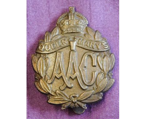Queen Mary's Army Auxiliary Corps British WWI&nbsp;Cap Badge, brass, solid centre variant with slider