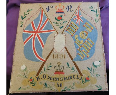 Victorian Kings Own Yorkshire Light Infantry Regiment (51st Regiment of Foot) 1891 stitched panel tapestry, with a central cr