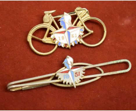 Festival of Britain 1951. Bicycle pin badge and Tie clamp. Both with enamelled logo. Metal construction. Good condition.