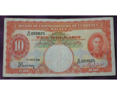 Malaya 1941 (1/7) - 10 Dollars, KGVI, portrait, P13, VF