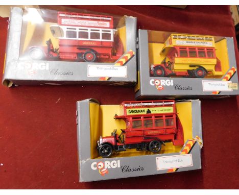 Corgi. Buses (x3). Scale 1:43. Thornycroft Bus Beaulieu Museum. Thornycroft Bus Sandeman. Thornycroft Bus Charlie Chaplin. Ve