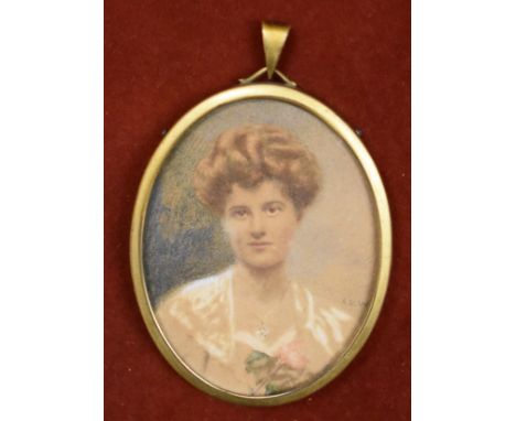 Miniature Portrait of Lady, photo with hand illustrated highlights. Possibly Victorian. In gilt frame with pendant loop. Hous