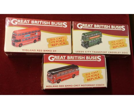 Atlas Editions. Great British Buses (x3). 1:76 Scale. Midland Red BMMO CM5T Motorway Coach, Midland Red BMMO D9, Leeds City T