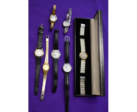 Seven (7) Wrist Watches. Ladies size. Carter, Quartz, in case. Timex Indiglo. Royal London (broken glass). Le Chat, Quartz. S