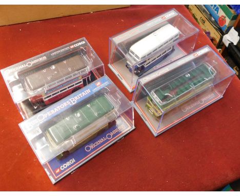 Corgi. Buses (x4) Scale 1:76. The Original Omnibus Company. 42001 Leyland PD3 Queen Mary Open Top. 40703 Bristol K/ECW Premie
