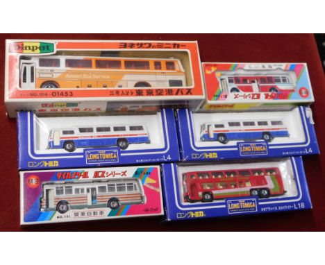Tomy. Buses (x6). Scale 1:60 and 1:100. Long Tomica and Yonezawa. Boxed, very good to excellent.