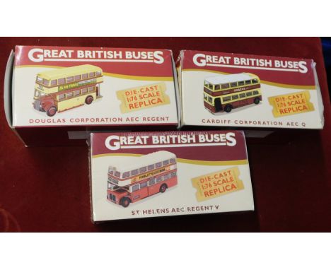 Atlas Editions. Buses x3. Great British Buses. Scale 1:76. Douglas Corporation AEC Regent. St Helens AEC Regent V. Cardiff Co