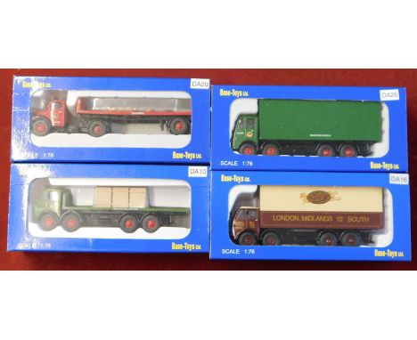 Base Toys. Vehicles (x4). Scale 1:76. DA20 Guildford Flat Lorry. DA16 London Midlands Box Lorry. DA26 Bradford Parcels Box Lo