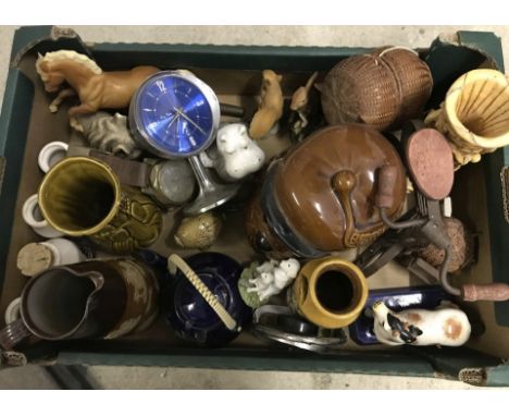 A box of assorted  ceramics, clocks, and metal items. To include Colman's jars, Royal Doulton jug and Beswick Beneagles scotc