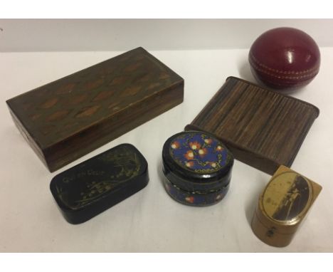 6 wooden lidded trinket boxes. To include Mauchline ware thimble case from Clacton. Please Note: All enquiries will be respon