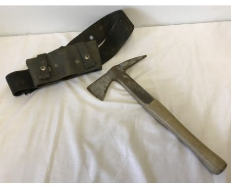 WWII Auxiliary Fire Service Fireman's axe with webbing  frog & belt.  Approx 39cm x 21cm. Please Note: All enquiries will be 