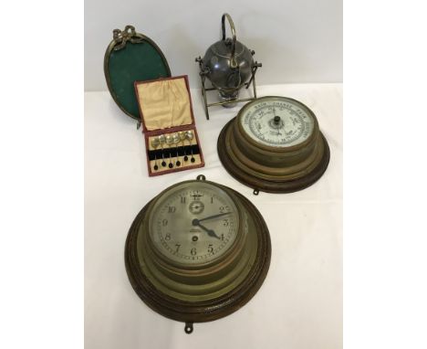 A ship's bulkhead clock & barometer, together with a spirit kettle, picture frame & set of spoons. Clock by Barkers, Kensingt