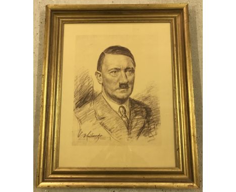 A large print of a pastel drawing of Adolf Hitler. Framed & glazed in gilt frame. Dated 1939. By ….. 65 x 50cm Please Note: A