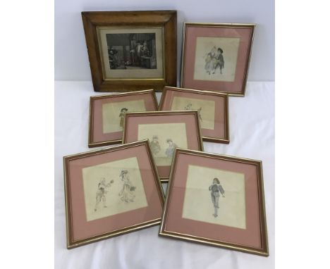 6 Victorian naïve watercolour on silk of figures, together with a Hogarth print. All framed & glazed. Please Note: All enquir