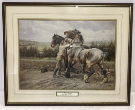 A framed and glazed print " Whoa! Steady! " depicting a young man with shire horses.  picture size 28 x 39cm approx. Please N