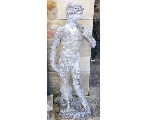 A ''Carrara Statue'' of David in weathered condition, with reference leaflet. 1.2m  ''Carrara Statues'' are made from re-cons