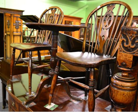 A pair of Windsor style chairs and an oak tripod table 