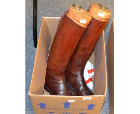 A pair of vintage brown riding boots with trees, boot pulls etc 