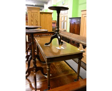 A 19th century oak tilt top tripod table, another tripod table (a.f.), and two mahogany coffee tables 