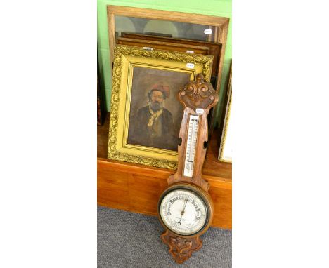 Five assorted prints/photographs, a 19th century framed oil portrait and a Victorian carved oak barometer (7)