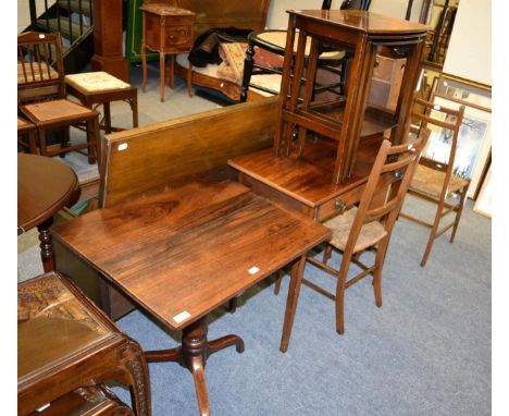 A 19th century mahogany hall table, together with a rosewood tilt top tripod table of similar date, a nest of three walnut ve