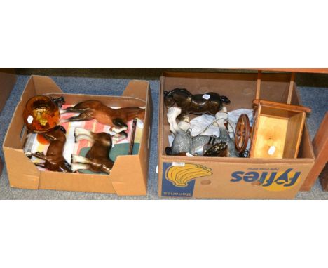 A collection of ceramic horses including shire horses and wooden cart etc (8)