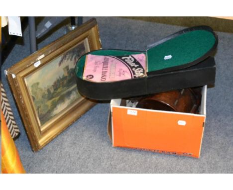 Victorian church collection box, oil painting, banjo and a cuckoo clock 