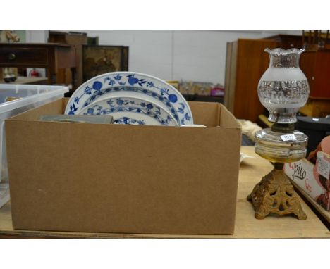 Two hanging light shades, an oil lamp, Villeroy & Boch tureen, two dishes, Meakin dish and a jewellery casket 