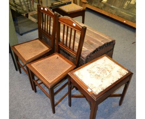 A 19th century trunk, two bedroom chairs and two music seats 