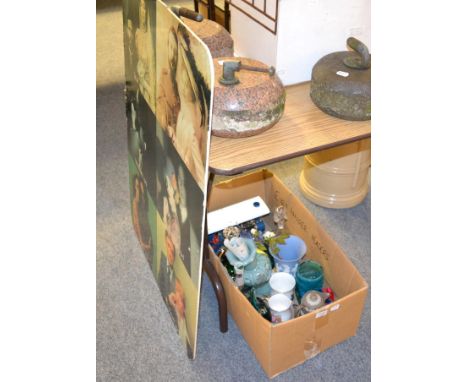 A group of ceramics and glass including Mdina, Wedgwood, etc, together with a small model of a steam engine and an advertisin