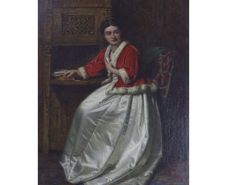 Joseph Moseley Barber (1811-1889), oil on canvas laid on board, Portrait of a lady seated at a writing desk, signed and dated