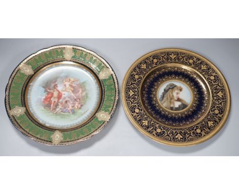 A Vienna style painted portrait plate, and another Vienna style plate both signed, largest 25cm diameter